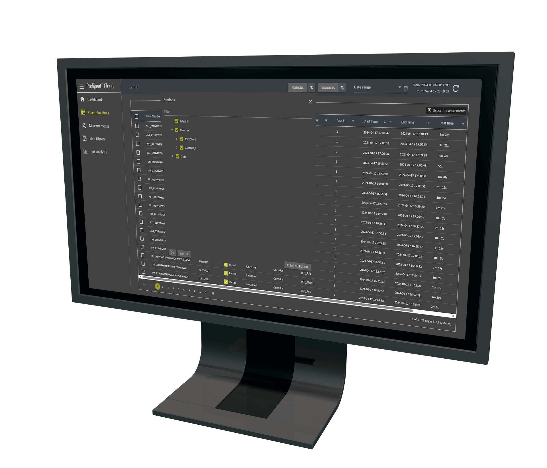 圖中為 Proligent™ Cloud 的資料篩選功能,使用者可以輕鬆篩選測試站點、產品和時間範圍
